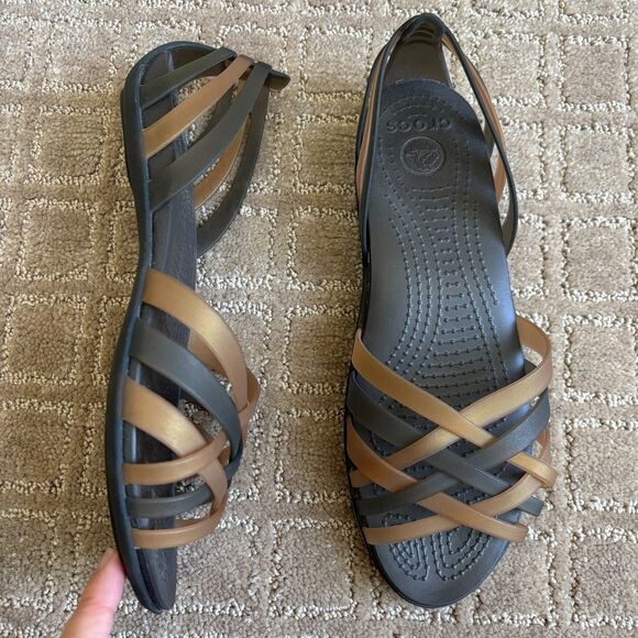 Crocs Hurache Mini Wedge Sandal Women's 7 Bronze Espresso Jelly Open Toe Braided - Picture 1 of 7